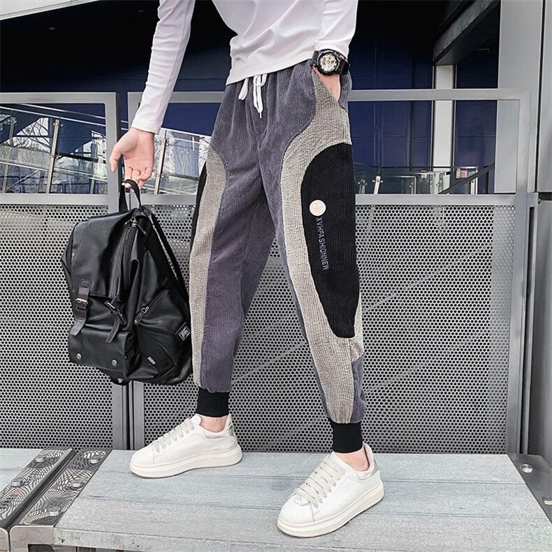 休闲裤男2025秋冬季新品拼接撞色灯芯绒休闲裤网红同款宽松束脚裤，男装休闲裤，电商A327