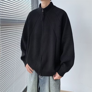 秋冬慵懒风简约百搭纯色重磅拉链休闲宽松毛衣针织立领开衫 M276图片