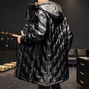 白鸭绒羽绒服男中长款连帽亮面羽绒服男保暖加厚外套男YR33-P130图片