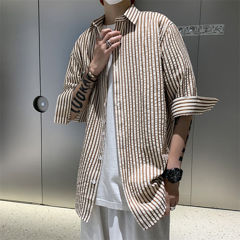 条纹衬衫男韩版潮流短袖帅文艺2023夏季新款ins宽松外套CY320-P46,男装衬衫,星座412-3