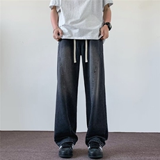 直筒系绳牛仔裤男美式复古休闲长裤bf潮牌水洗做旧百搭裤8224/P45，男装牛仔裤，星座506