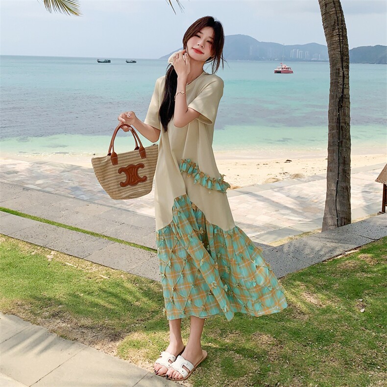 立体花朵假两件拼接T恤连衣裙女夏2025新款时尚设计感显瘦长裙子,女装连衣裙,2C158