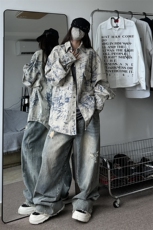 秋季新款港风美式oversize情侣款扎染翻领牛仔夹克潮JK1276-P70，男装夹克，星座313A(原308A-2)