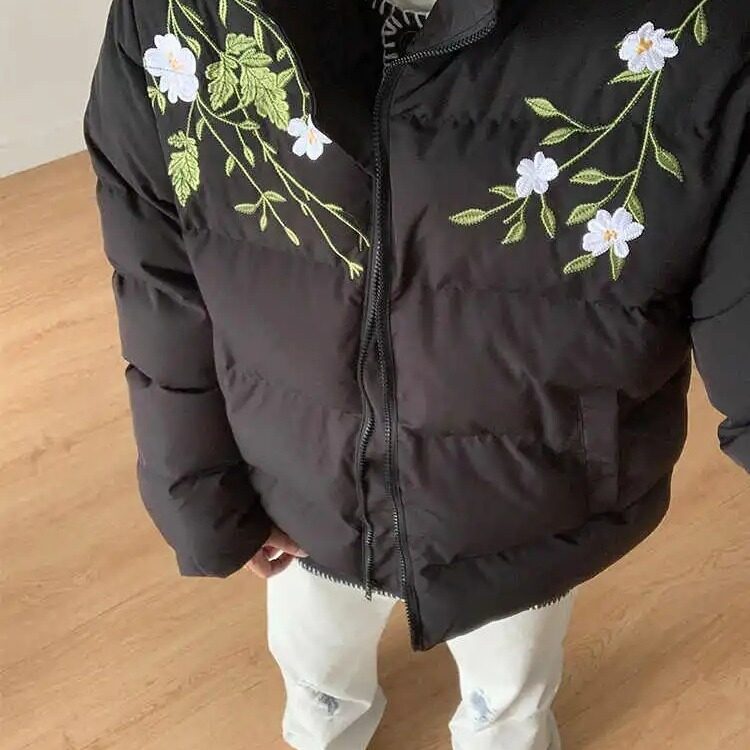 美式街头花卉刺绣加厚立领棉服男女宽松小众设计感外套图片