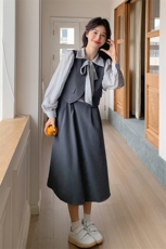 时尚蝴蝶结假两件连衣裙女春季2025新款韩系温柔风设计感长裙子，女装连衣裙，灵力轩