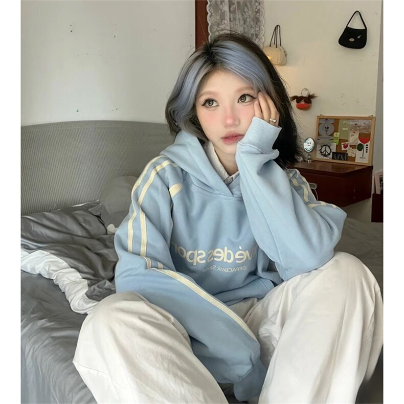 抖音得物品质美式高街宽松结构拼接撞色连帽印花卫衣外套W13301,女装短外套,电商A443