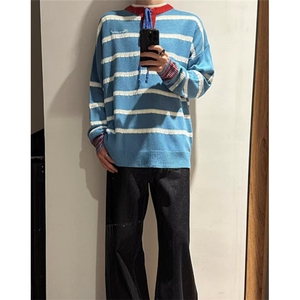 流行日系新款ins潮流气质百搭慵懒纯北极绒条纹撞色毛衣 M2507图片