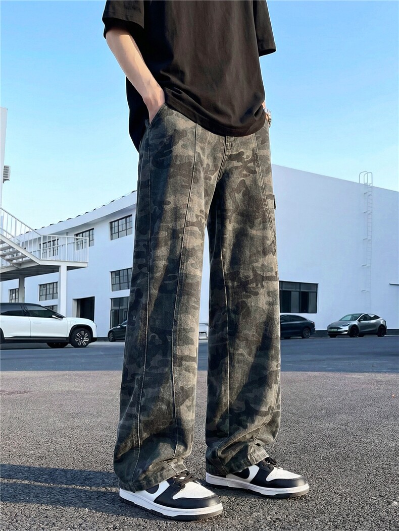 美式复古迷彩牛仔裤男春秋新款潮牌痞帅炸街裤子直筒伐木工装长裤,男装牛仔裤,星座302A-2