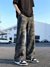 美式复古迷彩牛仔裤男春秋新款潮牌痞帅炸街裤子直筒伐木工装长裤，男装牛仔裤，星座302A-2