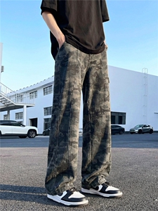 美式复古迷彩牛仔裤男春秋新款潮牌痞帅炸街裤子直筒伐木工装长裤图片