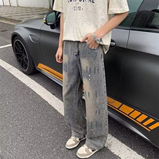 839-P41美式复古泼墨做旧牛仔裤男潮牌高街痞帅宽松直筒长裤，男装牛仔裤，电商B323A