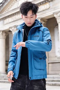 秋冬新款棉服男模特加厚夹克风衣保暖外套工装棉衣蓝色862加绒P80图片