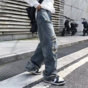 牛仔裤男夏季潮大码休闲裤子高街设计感裤子N9501P42图片