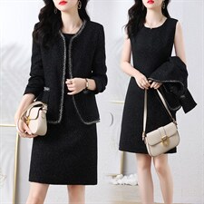 小香风套装连衣裙女2024冬装新款高端毛呢外套遮肚显瘦两件套裙子，女装套装/套裙，罗得堡