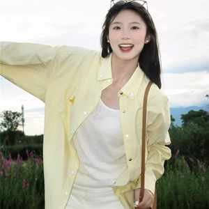 复古港风条纹衬衫女春秋新款蓝色衬衣韩版ins宽松休闲开衫外套潮