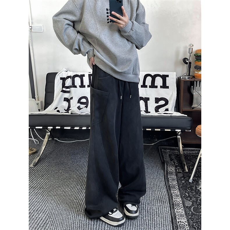美式水洗做旧卫裤男女秋季潮牌拼接阔腿裤小众高街情侣百搭休闲裤,男装休闲裤,星座410-6（原星座1304-1）