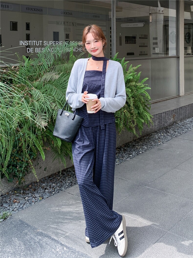 洋气时髦设计感复古格纹套装女2026春夏新款开衫吊带阔腿裤三件套,女装套装/套裙,艾米莉亚