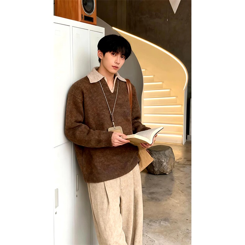 重磅北极绒假两件衬衫领毛衣美式高街复古休闲慵懒纯色翻领针织衫，男装针织衫/毛衣，电商A486-1