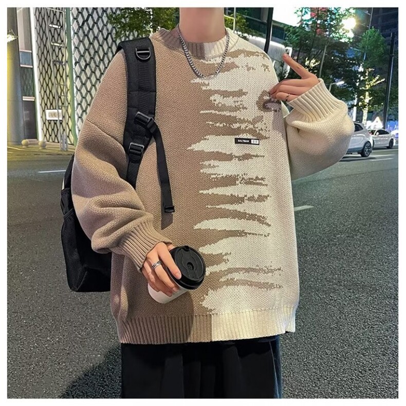 毛衣男秋冬拼接撞色针织衫日系复古宽松慵懒休闲外套MY7022-P45,男装针织衫/毛衣,星座308B-1