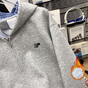 美式情侣开衫连帽卫衣外套男款秋冬季加绒加厚小众设计感上衣图片