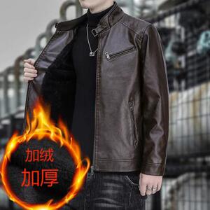 加厚春秋季薄款男士立领条纹双拉链pu皮外套加绒7图片