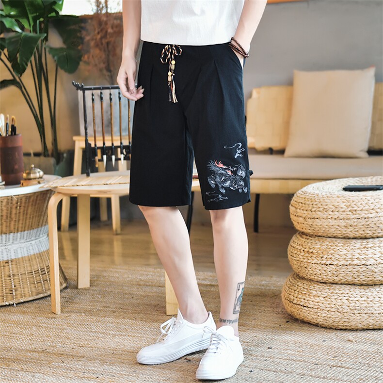 夏季棉麻风麒麟刺绣五分裤男装短裤直筒盘扣A266-1-K53-P40,男装休闲裤,电商A266-1