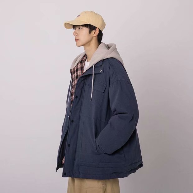 假两件棉衣男冬宽松格子百搭连帽棉服港风帅气棉袄外套MA569P75,男装棉衣,星座1013-5
