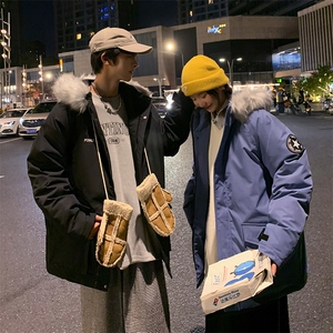 数据款现货连帽大毛领刺绣大口袋情侣学生中长款加厚白鸭绒羽绒服图片