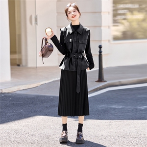 休闲时尚方格牛仔套装女2025年春秋新款高腰宽松显瘦阔腿裤三件套图片