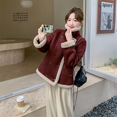 皮毛一体麂皮外套女2025冬加绒复古小个子时尚短款羊羔毛高级感厚，女装羊羔毛/颗粒绒，浙宝069