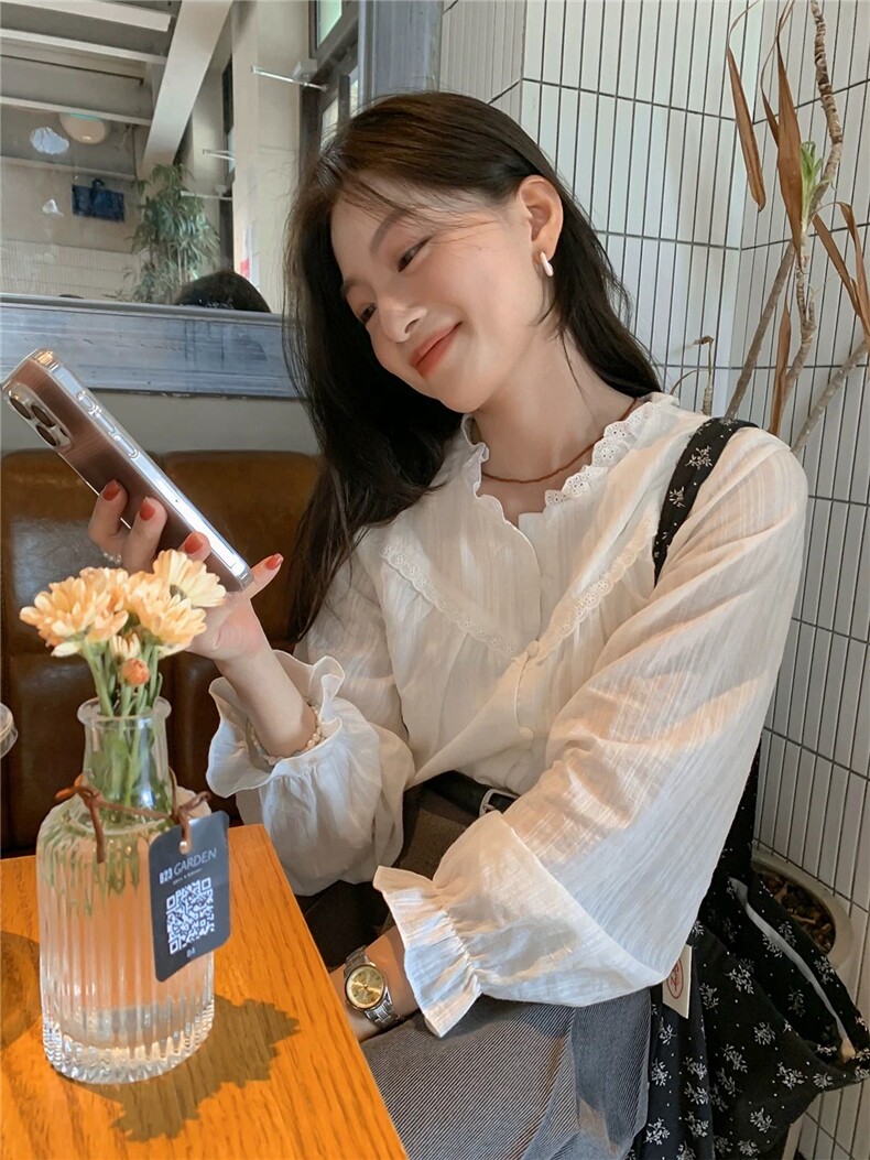 法式花边领水溶棉纯棉温柔风衬衣,女装衬衫,湘姗