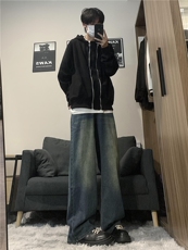 dirtyfit裤子水洗蓝阔腿直筒牛仔裤垂感高级感XZ310A-4-NZ10，男装牛仔裤，星座310A-4