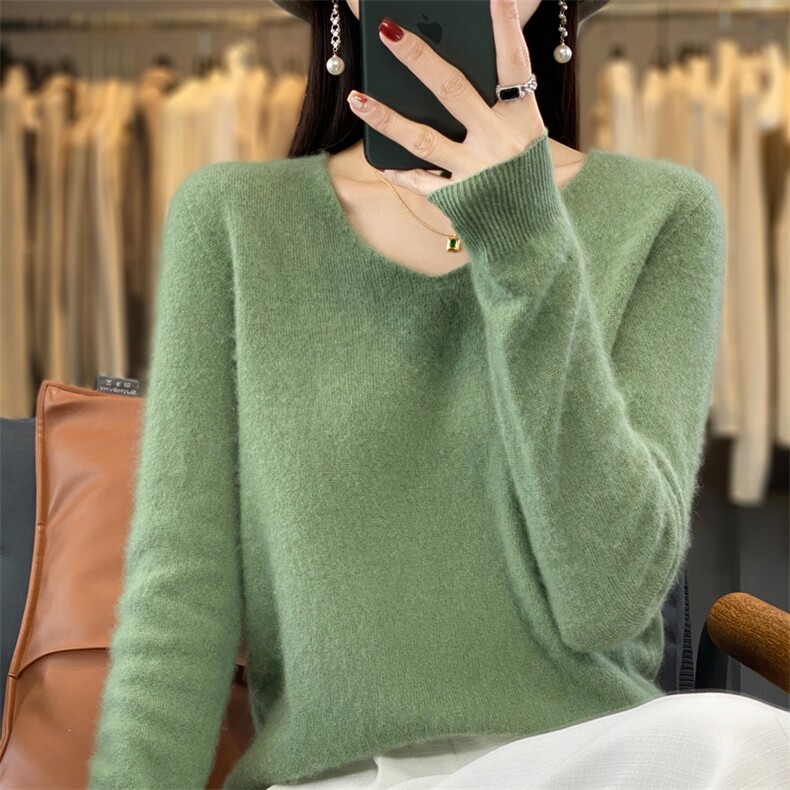 秋季新款羊毛衫女V领毛衣女套头宽松短款外穿,女装羊毛衫,北娇羊绒
