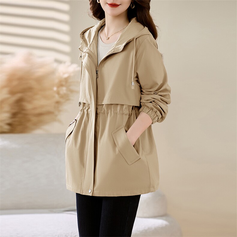 高级感休闲百搭短款风衣女2025春秋新款抽绳收腰显瘦工装连帽外套,女装风衣,慕咨