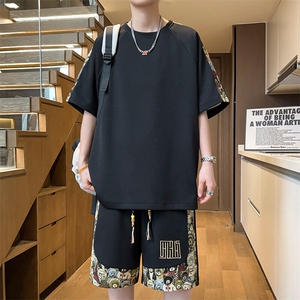 夏季T恤一套五分短裤两件套刺绣休闲运动套装男A266-TZ9908-P50