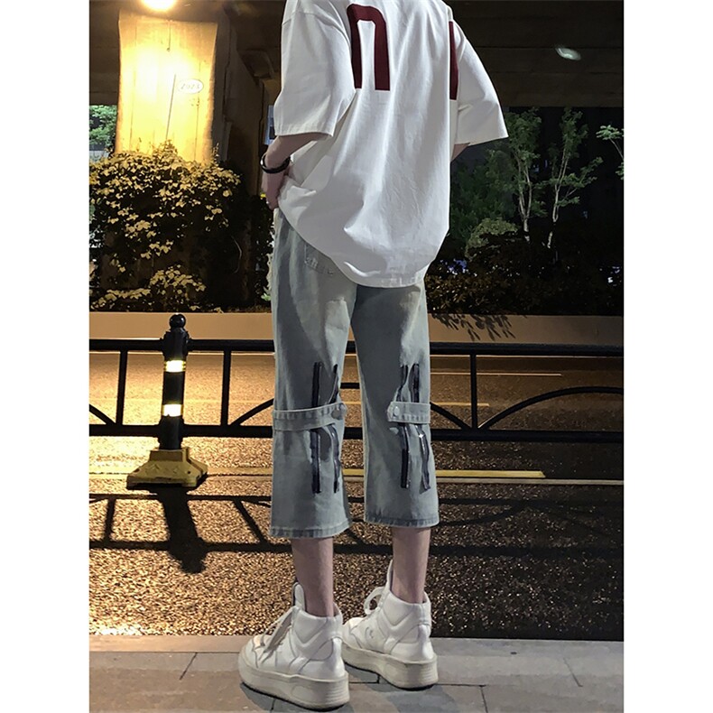 B221美式ins高街设计感拉链直筒七分牛仔裤LK23071-P55控78,男装牛仔裤,电商B221