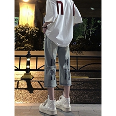 B221美式ins高街设计感拉链直筒七分牛仔裤LK23071-P55控78，男装牛仔裤，电商B221