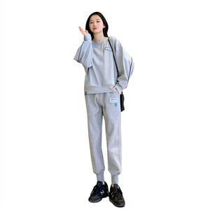 【现货】圆领卫衣女2021新款韩版休闲洋气百搭束脚裤套装纯色洋气图片