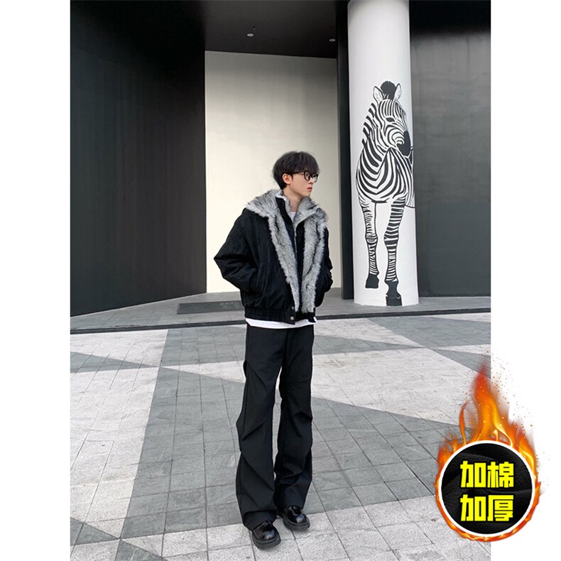 现货高品质美式高街重磅狼王座山雕毛毛领假两件棉衣加厚棉服外套，男装棉衣，电商A486-1