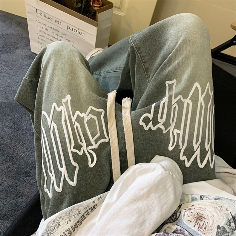 W341-P52新款阔腿牛仔裤潮流立体字母刺绣长裤渐变色宽松直筒裤，男装牛仔裤，星座911-1