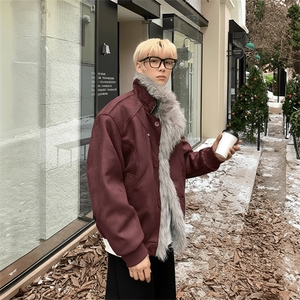 现货重磅硬挺boxy羽绒棉衣座山雕大毛毛领洗水麂皮棉服冬外套