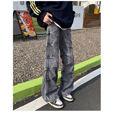 美式复古牛仔裤男春秋废土风褶皱设计感喇叭宽松直筒裤N1705-P55，男装牛仔裤，星座308B-1