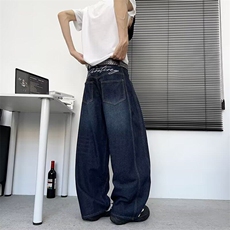美式复古字母刺绣弯刀牛仔裤男女款夏季宽松休闲潮牌解构阔腿长裤，男装牛仔裤，星座601-1