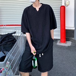 2026夏V领短袖冰丝T恤套装大码男纹理提花半袖 TZ5677/特P45 黑3图片