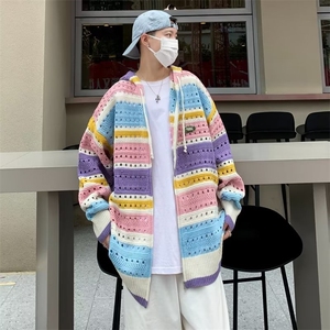 秋冬潮牌设计感彩色条纹开衫毛衣 男小众镂空连帽针织衫男装外套图片