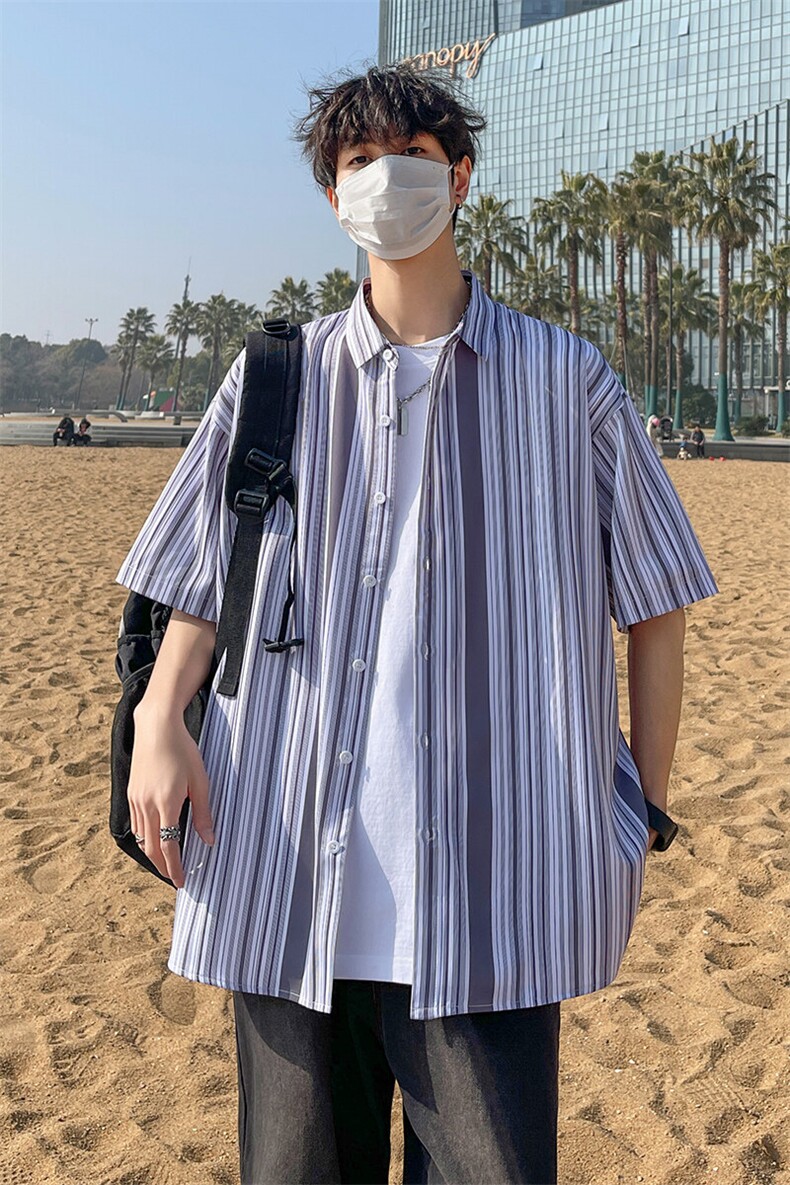 花衬衫男短袖夏季条纹休闲上衣服外套翻领大码衬衣A012/863P35,男装衬衫,电商A012