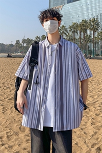 花衬衫男短袖夏季条纹休闲上衣服外套翻领大码衬衣A012/863P35图片