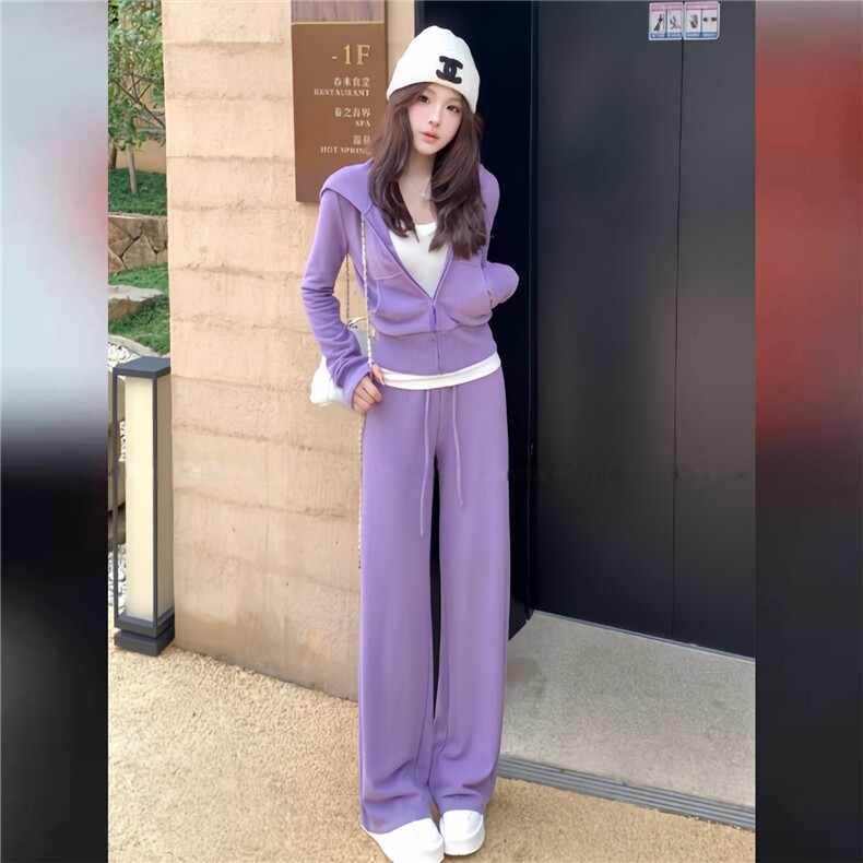 休闲时尚减龄套装女春季新款宽松显瘦纯色连帽卫衣阔腿长裤两件套,女装套装/套裙,江南