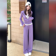 休闲时尚减龄套装女春季新款宽松显瘦纯色连帽卫衣阔腿长裤两件套，女装套装/套裙，江南