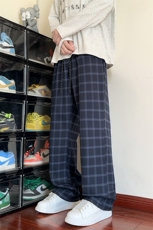 现货特批P32无差价新款老钱风格子裤微喇宽松大码休闲裤男K5773，男装休闲裤，电商A001